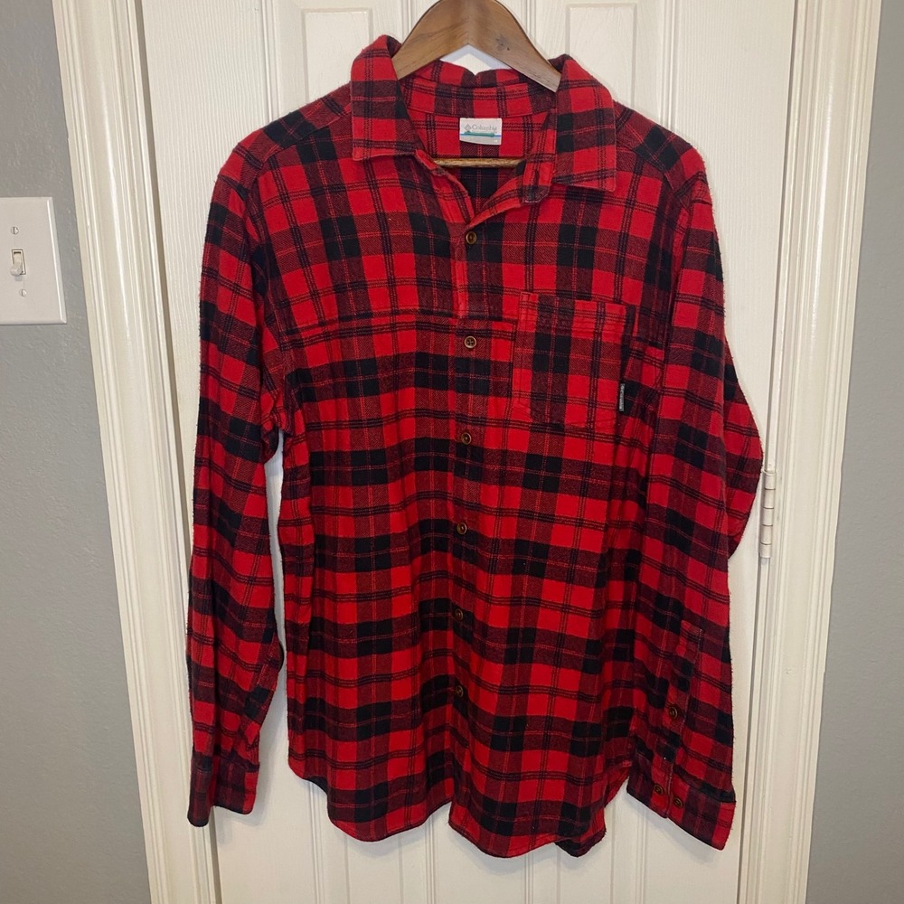 Columbia Mens Medium Red Black Buffalo Plaid Flannel Button Down Shirt Outdoor